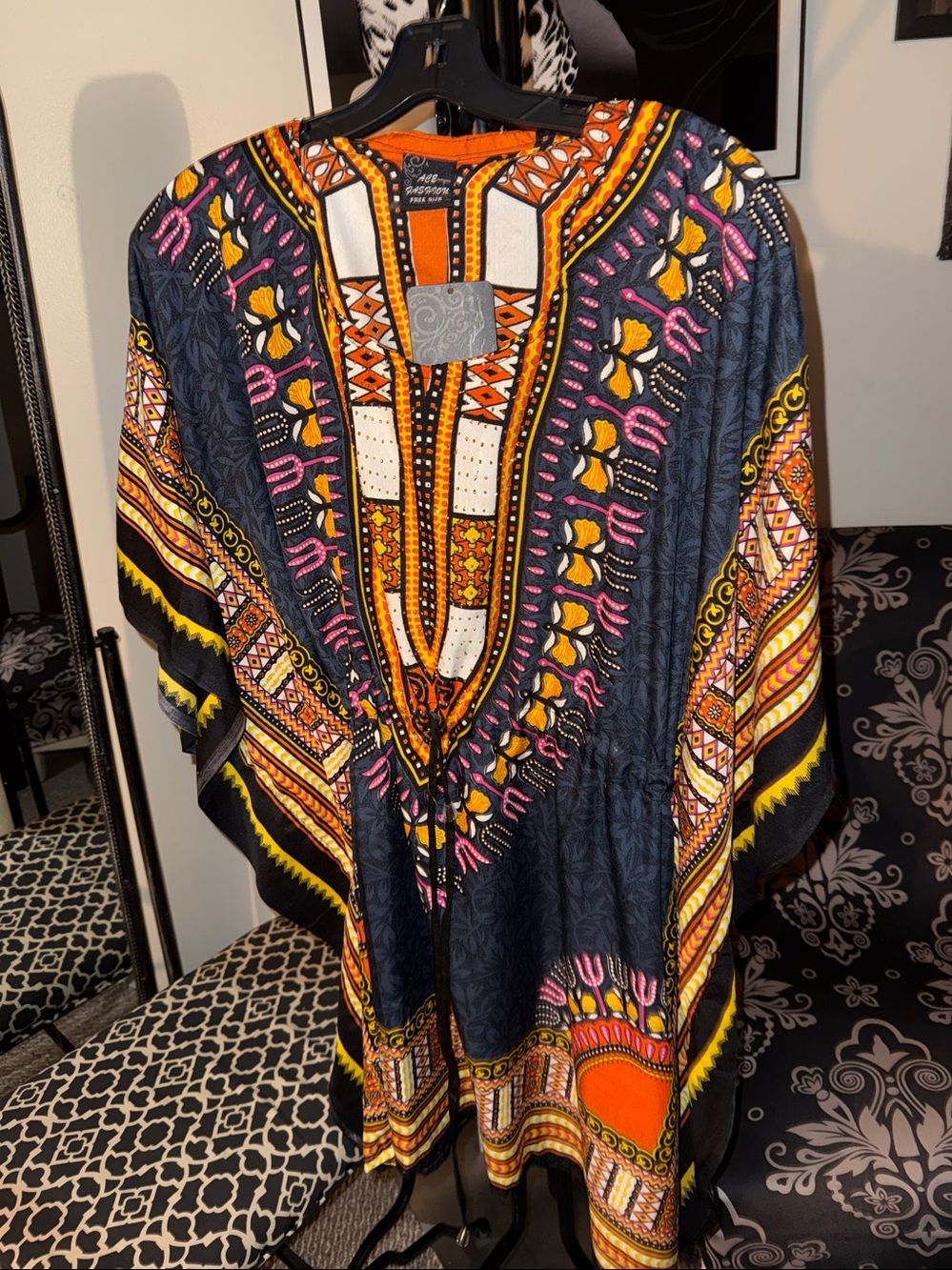 Women’s Patterned Kimono - Black with Orange & Pink Accents - Picture 2 of 8